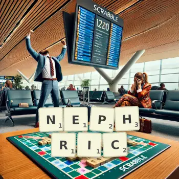 Creative illustration for a Scrabble game with the word NEPHRIC spelled out in tiles on the board.