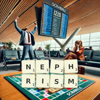 Creative illustration for a Scrabble game with the word NEPHRISM spelled out in tiles on the board.