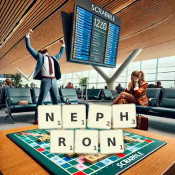Creative illustration for a Scrabble game with the word NEPHRON spelled out in tiles on the board.