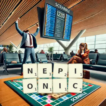 Creative illustration for a Scrabble game with the word NEPIONIC spelled out in tiles on the board.