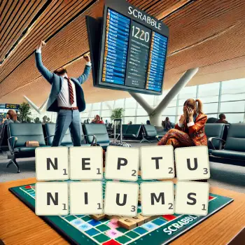 Creative illustration for a Scrabble game with the word NEPTUNIUMS spelled out in tiles on the board.