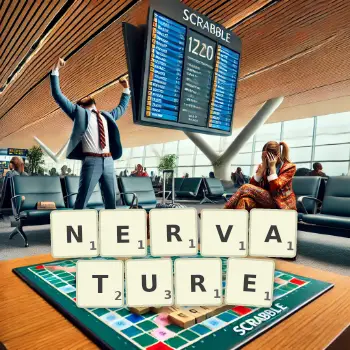 Creative illustration for a Scrabble game with the word NERVATURE spelled out in tiles on the board.