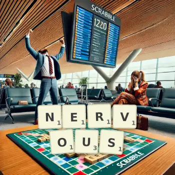 Creative illustration for a Scrabble game with the word NERVOUS spelled out in tiles on the board.