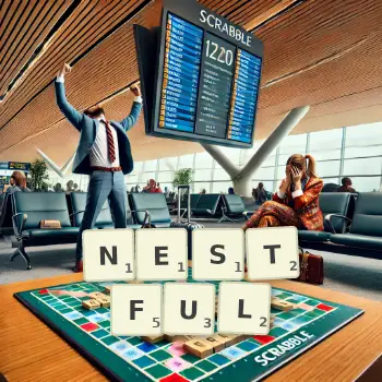 Creative illustration for a Scrabble game with the word NESTFUL spelled out in tiles on the board.