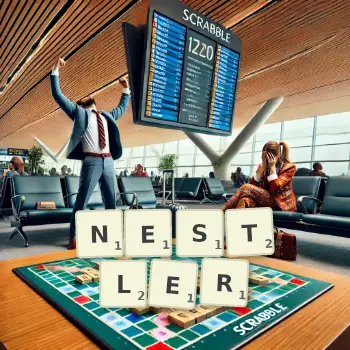 Creative illustration for a Scrabble game with the word NESTLER spelled out in tiles on the board.