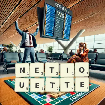 Creative illustration for a Scrabble game with the word NETIQUETTE spelled out in tiles on the board.