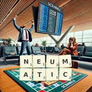 Creative illustration for a Scrabble game with the word NEUMATIC spelled out in tiles on the board.