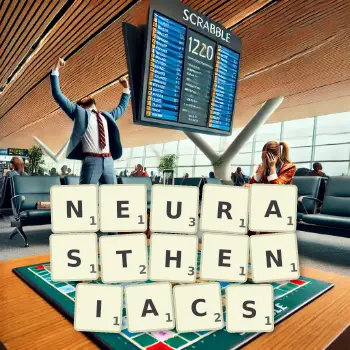 Creative illustration for a Scrabble game with the word NEURASTHENIACS spelled out in tiles on the board.