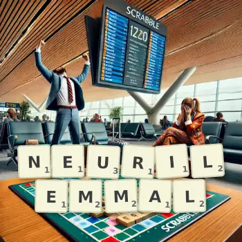 Creative illustration for a Scrabble game with the word NEURILEMMAL spelled out in tiles on the board.
