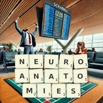 Creative illustration for a Scrabble game with the word NEUROANATOMIES spelled out in tiles on the board.