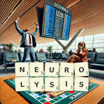 Creative illustration for a Scrabble game with the word NEUROLYSIS spelled out in tiles on the board.