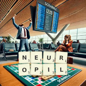 Creative illustration for a Scrabble game with the word NEUROPIL spelled out in tiles on the board.