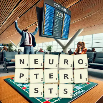Creative illustration for a Scrabble game with the word NEUROPTERISTS spelled out in tiles on the board.