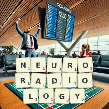 Creative illustration for a Scrabble game with the word NEURORADIOLOGY spelled out in tiles on the board.