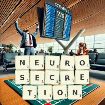 Creative illustration for a Scrabble game with the word NEUROSECRETION spelled out in tiles on the board.
