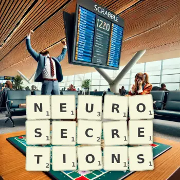 Creative illustration for a Scrabble game with the word NEUROSECRETIONS spelled out in tiles on the board.