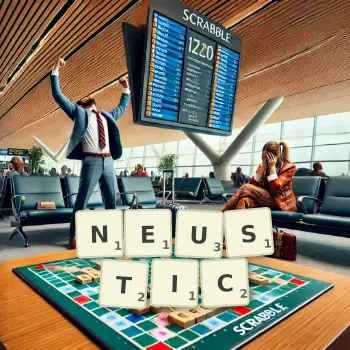 Creative illustration for a Scrabble game with the word NEUSTIC spelled out in tiles on the board.
