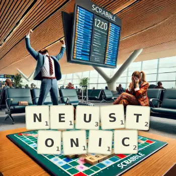 Creative illustration for a Scrabble game with the word NEUSTONIC spelled out in tiles on the board.