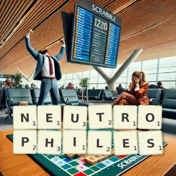 Creative illustration for a Scrabble game with the word NEUTROPHILES spelled out in tiles on the board.