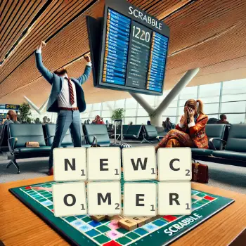 Creative illustration for a Scrabble game with the word NEWCOMER spelled out in tiles on the board.