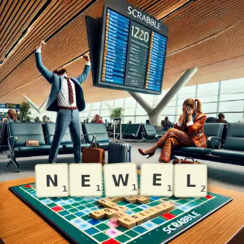Creative illustration for a Scrabble game with the word NEWEL spelled out in tiles on the board.