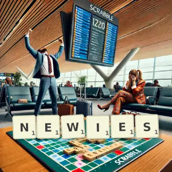 Creative illustration for a Scrabble game with the word NEWIES spelled out in tiles on the board.