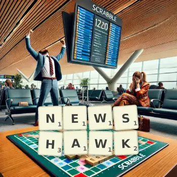 Creative illustration for a Scrabble game with the word NEWSHAWK spelled out in tiles on the board.