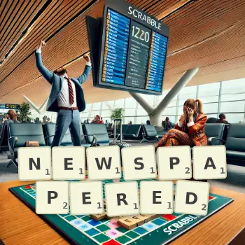 Creative illustration for a Scrabble game with the word NEWSPAPERED spelled out in tiles on the board.