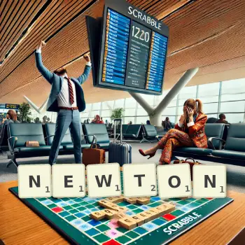 Creative illustration for a Scrabble game with the word NEWTON spelled out in tiles on the board.