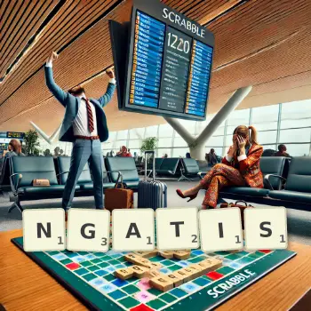 Creative illustration for a Scrabble game with the word NGATIS spelled out in tiles on the board.