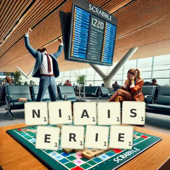 Creative illustration for a Scrabble game with the word NIAISERIE spelled out in tiles on the board.