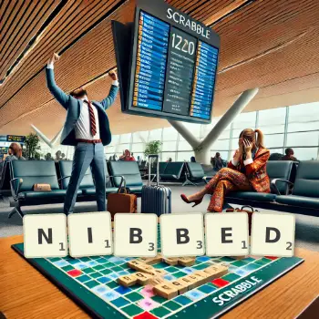 Creative illustration for a Scrabble game with the word NIBBED spelled out in tiles on the board.