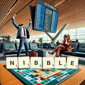 Creative illustration for a Scrabble game with the word NIBBLE spelled out in tiles on the board.