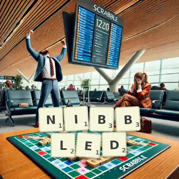 Creative illustration for a Scrabble game with the word NIBBLED spelled out in tiles on the board.