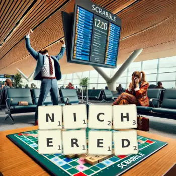 Creative illustration for a Scrabble game with the word NICHERED spelled out in tiles on the board.
