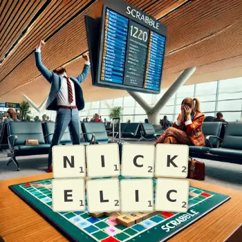 Creative illustration for a Scrabble game with the word NICKELIC spelled out in tiles on the board.
