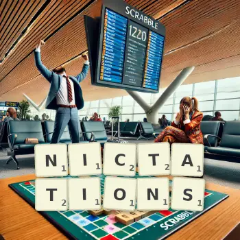 Creative illustration for a Scrabble game with the word NICTATIONS spelled out in tiles on the board.