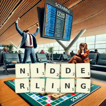 Creative illustration for a Scrabble game with the word NIDDERLING spelled out in tiles on the board.