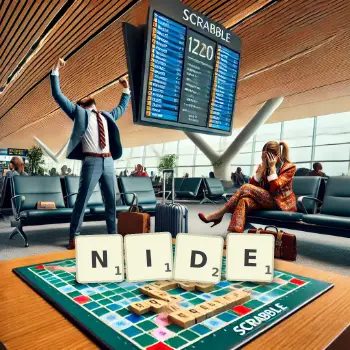 Creative illustration for a Scrabble game with the word NIDE spelled out in tiles on the board.