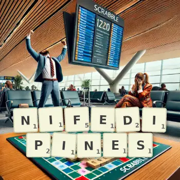 Creative illustration for a Scrabble game with the word NIFEDIPINES spelled out in tiles on the board.