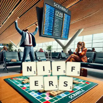Creative illustration for a Scrabble game with the word NIFFERS spelled out in tiles on the board.