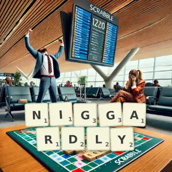 Creative illustration for a Scrabble game with the word NIGGARDLY spelled out in tiles on the board.