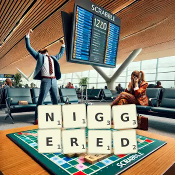 Creative illustration for a Scrabble game with the word NIGGERED spelled out in tiles on the board.