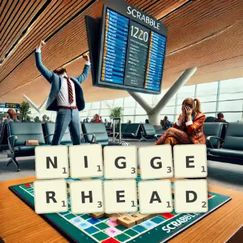 Creative illustration for a Scrabble game with the word NIGGERHEAD spelled out in tiles on the board.