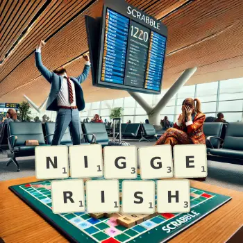 Creative illustration for a Scrabble game with the word NIGGERISH spelled out in tiles on the board.