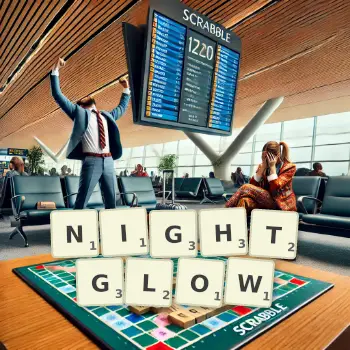 Creative illustration for a Scrabble game with the word NIGHTGLOW spelled out in tiles on the board.