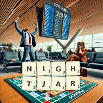 Creative illustration for a Scrabble game with the word NIGHTJAR spelled out in tiles on the board.