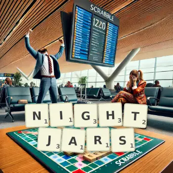 Creative illustration for a Scrabble game with the word NIGHTJARS spelled out in tiles on the board.