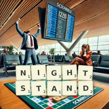 Creative illustration for a Scrabble game with the word NIGHTSTAND spelled out in tiles on the board.