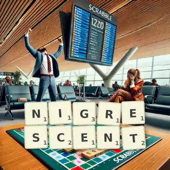 Creative illustration for a Scrabble game with the word NIGRESCENT spelled out in tiles on the board.